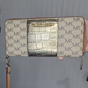 Michael Kors Tan and Gold Full Monogram Wallet With Matching Card Holder